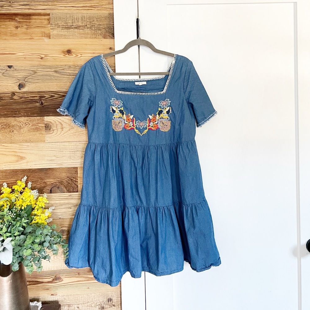 Easel Embroidered Tiered Chambray Babydoll Dress - Picture 2 of 4
